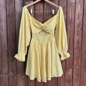 Mable Yellow Gingham Long Sleeve Smocked Ruffle Mini Dress